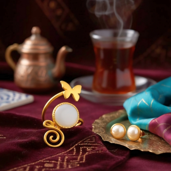 ποΈTurkish Artisan 24K Gold Plated & Pearl Ring + Earrings Set π Adjustable - Picture 6 of 13